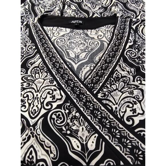 Apt 9 Black White Geometric Faux Wrap Dress Size Large Stretch Side Tie Attached - Picture 6 of 11